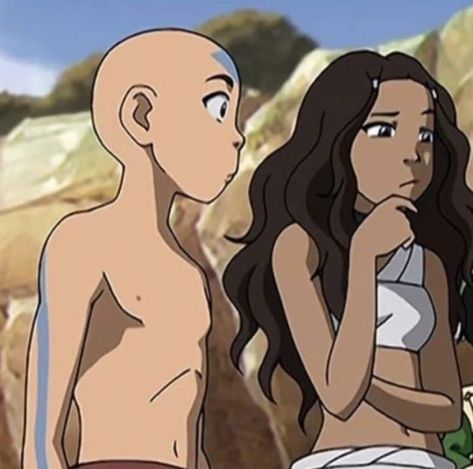 Aang and Katara in their swimsuits thinking about what to do next after they go swimming, Ang And Katara, Avatar The Last Airbender Katara, The Last Airbender Katara, Aang And Katara, Black Posters, Avatar Ang, Atla Memes, Drawing Superheroes, Avatar Korra