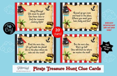 Pirate treasure hunt clues / Pirate party scavenger hunt / Pirate birthday treasure hunt / Pirate scavenger hunt indoors and outdoors Pirate Treasure Hunt Clues, Pirate Treasure Hunt For Kids, Kids Treasure Hunt Clues, Pirate Scavenger Hunts, Pirate Treasure Hunt, Party Scavenger Hunt, Pirate Party Games, Kids Pirate Party, Rhyming Riddles