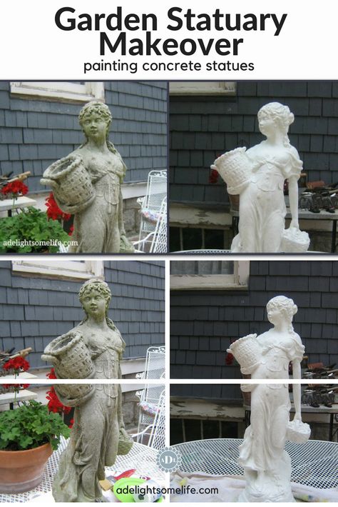 I love the look of garden statuary...but, the concrete look is not so pretty. Then, I was inspired to paint them to recreate the look to resemble marble statues #adelightsomelife #concretestatue #paintedconcrete #howtopaintconcrete #gardenstatues #beforeandafter #DIYgardenproject Painted Concrete Statues, Painting Cement Statues, Painting Concrete Statues, Diy Concrete Statue, How To Paint Concrete Statues, Painting Concrete Statues Outdoor, Garden Statues Ideas Landscaping, Painting Statues, How To Paint Concrete