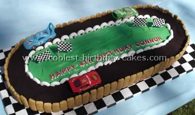 Making this for Paddy's birthday, although I will do grass on the side instead of graham crackers and try to pipe a trophy on the field, checkered finish line on the track, and possibly a checkered 5 on the field. Race Cars Cake, Race Track Cake, Lightning Mcqueen Cake, Race Car Cakes, Mcqueen Cake, Disney Cupcakes, Cars Cake, Diy Birthday Cake, Hot Wheels Birthday