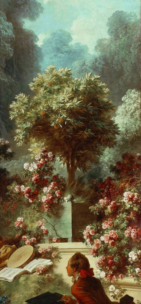 Jean-Honoré Fragonard (1732–1806)   “The Progress of Love: Lover Crowned” 1771-73   [detail from the garden] 1800 Paintings, Rococo Paintings, Peacock Background, Rococo Painting, Rococo Aesthetic, Art Amour, Rococo Art, Bel Art, Arte Inspo