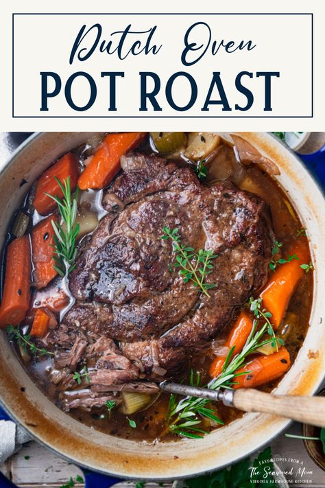 Tender and juicy, this Dutch Oven Pot Roast transforms an affordable cut of meat into a delicious comfort food dinner. The beef slowly bakes with potatoes and carrots for an easy one pot meal. Your whole family will love this classic Sunday pot roast recipe! Dutch Oven Pot Roast, Oven Pot Roast, Leftover Pot Roast, Chuck Roast Recipes, Classic Pot Roast, Best Dutch Oven, Potatoes And Carrots, Dutch Oven Recipes, Easy One Pot Meals