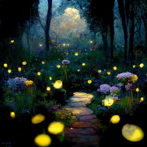 Firefly Garden, Moonlit Garden, Power Of Nature, Lose Yourself, Magical Garden, Art References, Firefly, Light And Shadow, Night Time