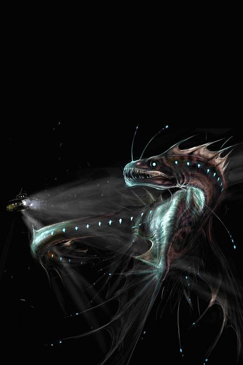 Sea monster. This is awesome, now if only I could draw it myself Dragon Moodboard, Ocean Monsters, Fantasy Settings, Dnd Inspiration, Winged Creatures, Honey Water, Scary Stuff, Sea Serpent, Subway Station