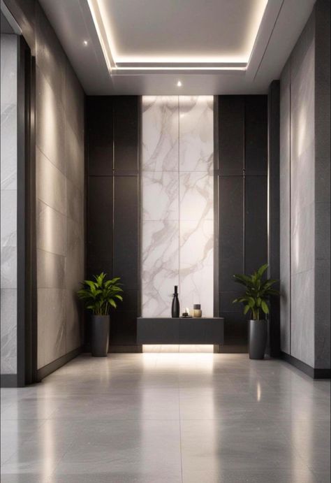 Create a realistic image in front of a large and wide entrance wall of a lobby in a residential building, the design should be modern in shades of light gray and dark gray, lighting and a large mirror#ai#design# Lobby Interior Design Modern, Residential Building Entrance Lobby, Entrance Lobby Design Residential, Lobby Design Residential, Building Lobby Design, Building Entrance Lobby, Residential Building Entrance, Entrance Lobby Design, Office Building Lobby