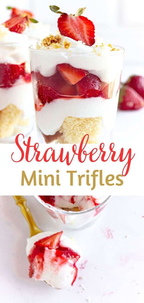 Strawberry Cheesecake Trifle Easy, Individual Fruit Desserts, Trifle In A Cup Mini Desserts, Individual Strawberry Trifle, Strawberry Shortcake Mini Desserts, Strawberry Dessert Cups Ideas, Strawberry Pound Cake Trifle, Strawberry Dessert Shooters, Strawberry Desserts For Two