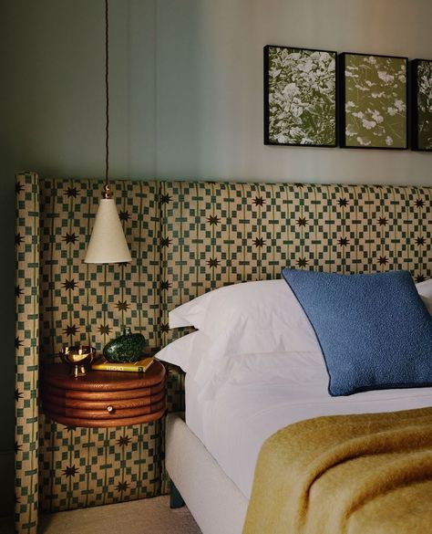 One of our favourite headboards to date - a cool and chic envelope in our Afua fabric in Olive, punctuated with a bespoke floating bedside… | Instagram Studio Ashby, Kensington Apartment, Floating Bedside Table, Bedroom Design Trends, Bedroom Trends, Main Bedroom, Headboards, Interior Inspo, Interior Design Inspiration