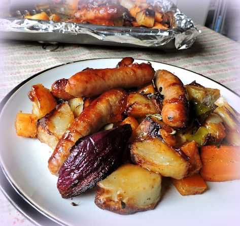 Sticky Sausage Tray Bake Easy Sausage Dinner Recipes, Sausage Tray Bake, Sticky Sausages, Moussaka Recipe, Sausage Dinner, Low Fat Cooking, Grilled Roast, Sausage Dishes, Sausage Bake