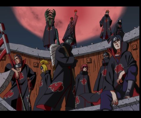 The Akatsuki "dawn" or "Daybreak" are group of  S-rank missing-nin from various parts of the five great hidden ninja villages,with the single goal of world domination.  masashi kishimoto for the naruto series.Members include:Deidara,Hidan,kisame,kakuzu,konan,Orochimaru,Nagato,Sasori,Itachi,Obito,Yahiko,Zetsu.The greatest criminal organization created by Akatsuki Group Picture, Akatsuki Group, Character Eyes, Boruto Sasuke, The Akatsuki, Naruto Pics, Deidara Akatsuki, Masashi Kishimoto, Anime Pic