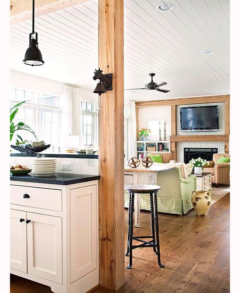 Kitchen Island With Columns, Open Concept Kitchen And Living Room, Open Kitchen And Living Room, Kitchen Open, Subway Tiles, Open Concept Kitchen, Wooden Beams, Natural Home Decor, Trendy Kitchen