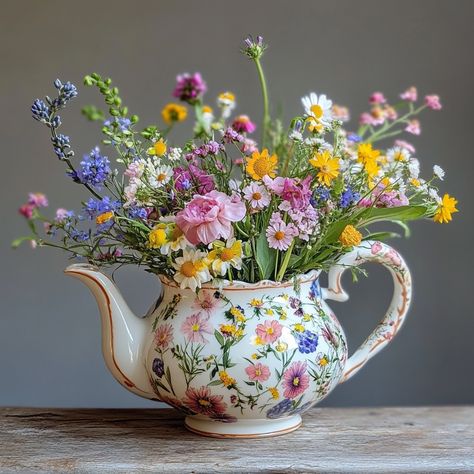 Transforming an Old Teapot into a Whimsical Wildflower Arrangement: A Fun DIY Project (Pics in Commts Below👇) 💕 Floral Arrangements In Teapots, Flowers In Teapots Centerpiece, Plant In Teapot, Teapot Flower Arrangements Centerpieces, Flowers In Tea Cups, Flowers In A Teapot, Tea Cup Diy Ideas, Teapot Floral Arrangements, Tea Pot Flower Arrangements