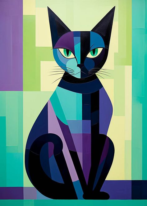 Enliven your child's room with this vibrant and playful geometric cat poster. Designed with a mix of cool and warm tones, this artwork captures the essence of modern art while appealing to young imaginations. Perfect for nurseries, playrooms, and children's bedrooms Modern Cubist Art, Modern Cat Art, Cubist Paintings, Geometric Cat, Cat Art Illustration, Cat Poster, Cat Artwork, Geometric Art Prints, Geometric Animals