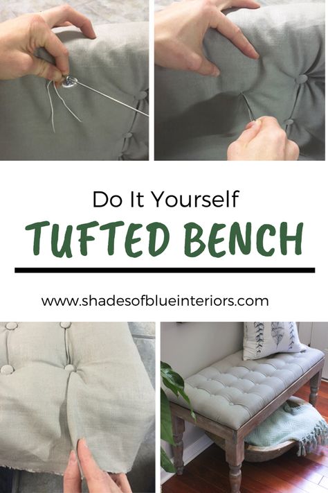 Learn how to upholster a bench and created a tufted look with fabric covered buttons. Easy step-by-step photos to guide you on your first tufted upholstery project! Use this tutorial for create other tufted upholstery projects! Learn more on my blog now! #bench #upholstery #tufted Wall Upholstery, Upholstery Wall, Upholstery Techniques, Upholstery Tools, How To Upholster, Upholstery Chair, Diy Upholstery, Furniture Reupholstery, Upholstery Design