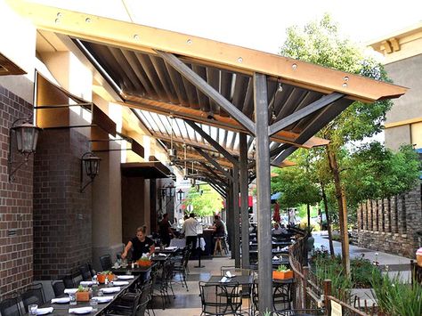 Commercial Louvered Patio Cover   like the metal posts and wood frame Outdoor Restaurant Patio, White Pergola, Material Ideas, Yard House, Outdoor Kitchen Bars, Restaurant Patio, Patio Covers, Patio Cover, Deck With Pergola