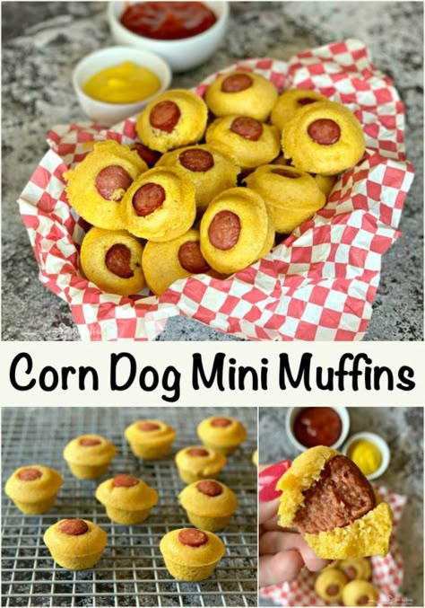 CORN DOG MINI MUFFINS These corn dog mini muffins are sweet cornbread, baked around a juicy hot dog in a mini muffin tin.  They are perfectly pop-able and so darn delicious! #corndog #cornbreadmuffins #minimuffins Cornbread Mini Muffins, Mini Muffin Pan Recipes, Mini Cornbread Muffins, Mini Muffin Tin Recipes, Muffin Cups Recipes, Mini Muffin Recipe, Muffin Pan Recipes, Tempura Shrimp, Corn Dog Muffins