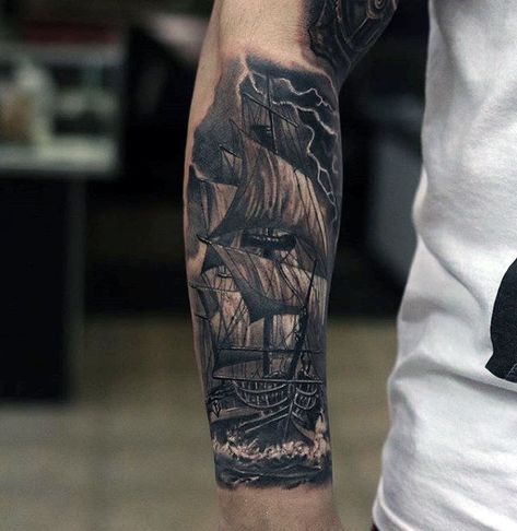 Sailing Ship With Lighting Detailed Forearm Sleeve Tattoos For Men Mens Side Tattoos, Ship Tattoo Sleeves, Viking Tattoos For Men, Detailed Tattoos, Mangas Tattoo, Boat Tattoo, Tattoo Inspiration Men, Forearm Sleeve Tattoos, Ocean Tattoos