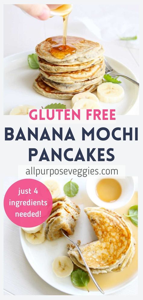 These banana mochi pancakes are soft, tender and moist. They only require 4 ingredients, and they have an amazing flavor and texture that will make you want to eat more than one! #mochi #mochipancakes #bananapancakes #easypancakes #4ingredientpancakes #glutenfreepancakes Mochi Pancakes Recipe Gluten Free, Mochi Pancakes Recipe, Banana Mochi, Mochi Pancakes, Pumpkin Cauliflower, Pancake Dippers, Homemade Breakfast Recipes, Df Recipes, Asian Breakfast