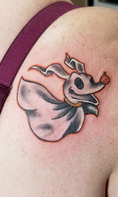 Zero - Nightmare Before Christmas Tattoo done by @jlarsentattoos Nightmarebeforechristmas Tattoo, Zero Tattoo, Tattoo Nightmares, Zero Nightmare Before Christmas, Tim Burton Tattoo, Nightmare Before Christmas Tattoo, Pumpkin Tattoo, Christmas Tattoo, Tim Burton Art