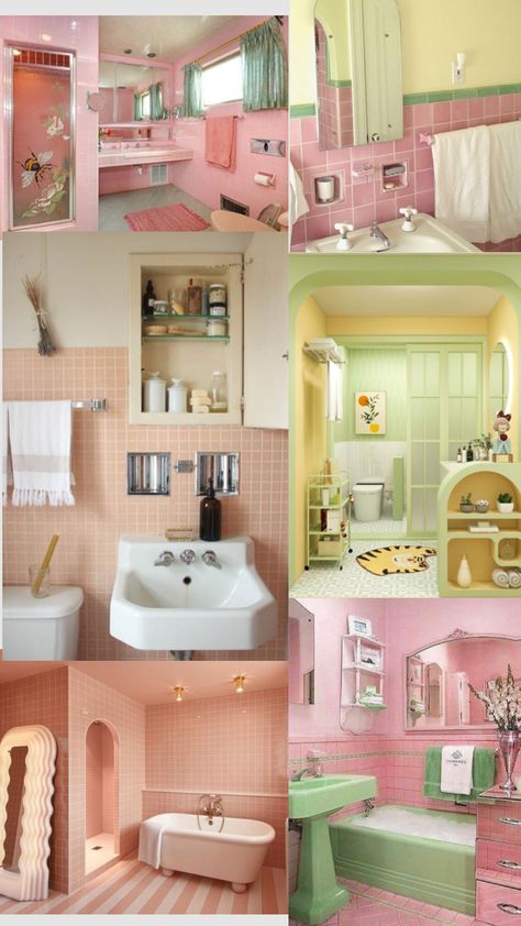 Pink And Green Bathrooms, Pink And Green Bathroom Aesthetic, Pink Yellow Bathroom, Pastel Bathroom Aesthetic, Pink And Green Bathroom Ideas, House Maximalist, Vintage Pink And Green Bathroom, Pastel Pink Bathroom, Pink Green Bathroom