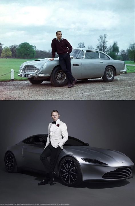 James Bond 007 & Aston Martin ~ Top - Aston Martin DB5 (with Sean Connery) / Bottom - Aston Martin DB10 (with Daniel Craig) James Bond Craig, 007 Aston Martin, Aston Martin Db10, Aston Martin Db5, Kingdom Of Great Britain, James Bond 007, Sean Connery, Daniel Craig, The Pond