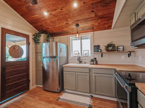 Swipe to see what the kitchen in the little house looked like before......😍 Okay, I do have to point out the tape on the fridge. I know I… 14x40 Shed House Interior, Shed To House Conversion, Sheds Turned Into Homes, Shed Homes Interior, Shed House Interior, Shed To Home, Farmhouse Tiny House, Shed Homes Ideas, House Plans Cabin