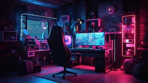 Computer Monitor Gamer S Digital Haven Exploring A 3d Dark Neon Workspace With And Luminescent Chair#pikbest#Backgrounds#Others Gaming Logo Background Design, Neon Workspace, Pc Gamer Wallpaper, Dark Gaming Room, Gaming Room Background, Gamer Backgrounds, Gamer Room Design, Monitor Gamer, Wallpaper Preppy