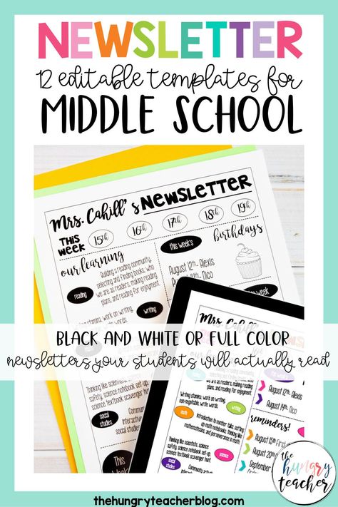 This editable resource includes different black and white and full color weekly newsletters templates to use in your upper elementary, middle school, or high school classroom. Create eye-catching, visually appealing newsletters that your 3rd, 4th, 5th, 6th, 7th, 8th, 9th, 10th, 11th, or 12th grade students and their parents will actually read. #backtoschool #middleschoolela #middleschool #classroomnewsletter Middle School Writing, Student Work Bulletin Board, Teaching Middle School English, Teacher Collaboration, Weekly Newsletter Template, Meet The Teacher Template, Teaching 5th Grade, School Newsletter, Classroom Newsletter