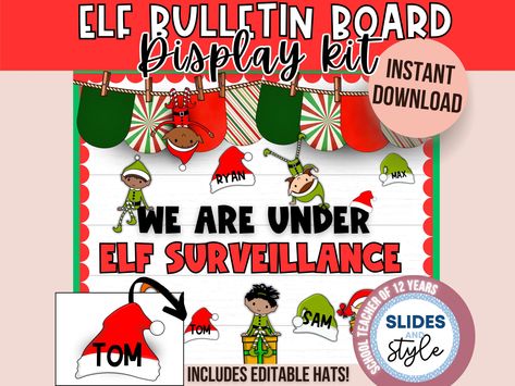 Elf Classroom Decor Printable | Naughty Elf Bulletin Board Decor | Christmas Bulletin Board | Classroom Decor Bundle | Elf surveillance by SlidesAndStyle on Etsy Elf On The Shelf Bulletin Board, Elf Bulletin Board Ideas For School, Elf On The Shelf Bulletin Board Ideas, Elf Bulletin Board Ideas, Elf Bulletin Board, Bulletin Board Christmas, Elf Classroom, Elf Surveillance, Board Classroom