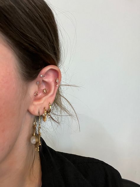 This ear is still a work in progress but added a new drop diamond cartilage piercing. #piercing #earstyling #earstack #piercinginspo #conch Eclectic Ear Piercings, Conch Piercing Aesthetic, Ear Piercing Styling, Ear Piercing Curation, Curated Ear Piercing, Ear Styling, Conch Jewelry, Curated Ear, Cool Ear Piercings