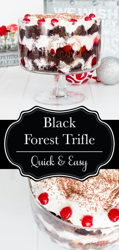 This black forest cake trifle is one of the easiest, and prettiest, desserts you can make. I love it around the holidays, but who am I kidding, black forest cake is delicious any time of year! This is a great last minute dessert too, because it just uses cake box mix, and you can keep all the ingredients in your fridge or pantry, ready to go any time you need!  #dessert #cake #chocolate #chocolatecake #cherries #blackforestcake #easydessert #christmas #holiday #recipe #delicious #food Black Forrest Cake, Black Forest Trifle, Cherry Trifle, Cake Trifle, Black Forrest, Brownie Trifle, Berry Trifle, Trifle Desserts, Trifle Recipe