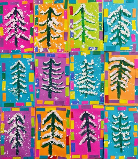 These bright winter trees by #1stgrade are making me so happy! Lesson inspired by @mrsgreenartartbaby #BroncoArts #MPSclassroom… | Instagram Prek 4 Art Projects, Christmas Art Second Grade, Projects For Preschool, Holiday Art Projects, Winter Art Lesson, Kindergarten Art Lessons, Christmas Art Projects, Kindergarten Art Projects, 2nd Grade Art