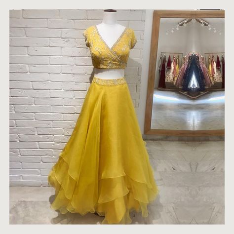 A synergy of colours from the #MishruStudio. Discover our layered Organza Skirt paired with a chic wrap around blouse 💛 . . . . #Mishru… Bridallehenga Bridal, Lehenga Traditional, Quality Outfits, Traditional Festival, Organza Lehenga, Lehnga Dress, Organza Skirt, Long Gown Dress, Half Saree Designs