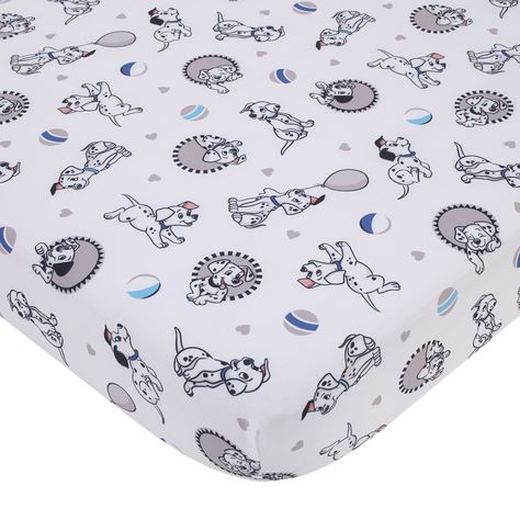 The Disney 101 Dalmatians Fitted Crib Sheet features an adorable allover pattern of playful puppies. Designed in shades of black and white spots, with accents in gray and blue, assorted puppies with balloons, balls, and hearts! Your little one will sleep soundly on this crib sheet's cozy surface. Measures 28" x 52" x 8" and includes full elastic edges for a safe and snug fit and fits a standard size crib/toddler mattress. Coordinates nicely with most decor and perfect for your 101 Dalmatians nursery!  Playful puppies are everywhere, on the Disney 101 Dalmatians Fitted Crib Sheet~  Designed with spots, balloons, and balls, in shades of black, white, gray, and blue  This fitted crib sheet includes full elastic edges for a safe and snug fit  Measures 28in x 52in x 8in and fits a standard size 101 Dalmatians Nursery, Soft Nursery, Deer Nursery, Toddler Sheets, Baby Crib Sheets, Disney 101 Dalmatians, Baby Mattress, Mini Crib Sheets, Baby Milestone Blanket