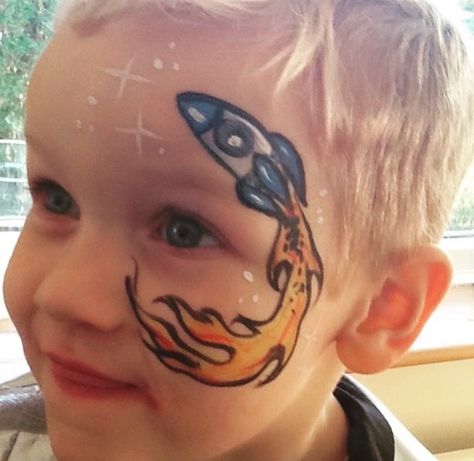 Rocket Face Paint, Childrens Face Paint Ideas, Spring Face Paint Ideas, Space Face Painting, Facepainting Ideas Easy For Kids, Galaxy Face Paint, Space Face Paint, Boy Face Paint, Small Face Painting Ideas