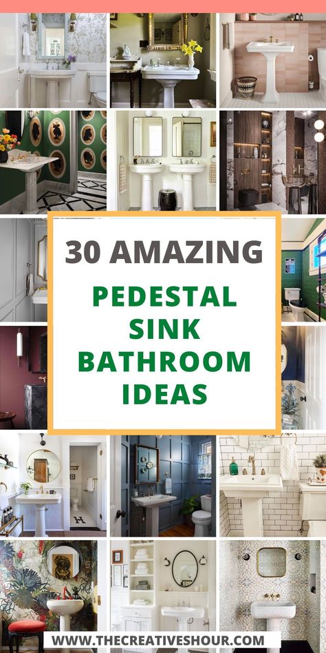 Embrace timeless charm with these inspiring ideas. Explore ways to elevate your bathroom aesthetic using the classic elegance of a pedestal sink. Transform your space into a sanctuary of style and functionality. #BathroomDecor #PedestalSink #HomeDesign Pedestal Sink Makeover, Mirror Over Pedestal Sink, Pedestal Sink Backsplash, Pedistool Sink, Powder Room Ideas Pedestal Sink, Bathroom Pedestal Sink Ideas, Pedestal Sink Bathroom Ideas, Sink Bathroom Ideas, Small Bathroom Pedestal Sink