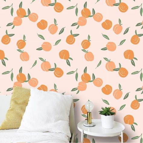 Fruits Wallpaper, Baby Pink Background, Peach Decor, Wallpaper Glue, Orange Rooms, Shared Girls Bedroom, Baby Milo, Fruit Peel, Fruit Wallpaper