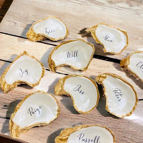 Oyster Shell Place Cards, Wedding Place Cards, Place Cards, Oyster Place Cards, Wedding Favors, Wedding Decor, Wedding Decor Oyster Shell Place Setting, Shell Place Cards Wedding, Oyster Name Cards, Oyster Shell Name Cards, Mother Of Pearl Paint, Oyster Shell Place Cards, Shell Place Cards, Liquid Gold Leaf, Place Cards Wedding