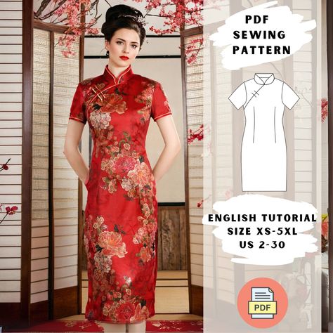 Cheongsam Sewing Pattern, Cheongsam Dress Pattern, Chinese Dresses Pattern, Cheongsam Pattern, Sewing Dresses For Women, Qipao Pattern, Chinese Cheongsam Dress, Chinese Qipao, Sewing Easy Diy