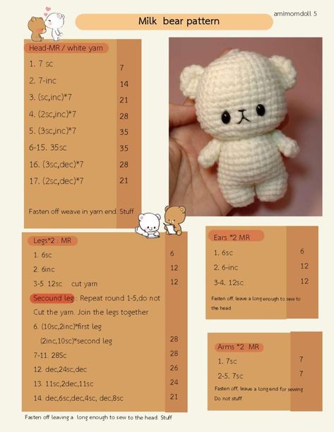 Milk And Mocha Bear Crochet Pattern, 1 Hour Amigurumi, Crochet Bear Amigurumi, Small Bear Crochet Free Pattern, How To Crochet A Bear, Cute Amigurumi Pattern, Cute Crochet Patterns Free Amigurumi, White Crochet Projects, Crochet Bear Free Pattern