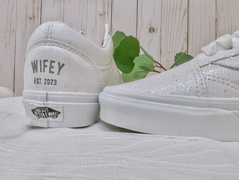 Sparkle Wedding Shoes, Customized Vans, Baby Converse Shoes, Wedding Vans, Vans High Tops, Glitter Vans, Slip On Tennis Shoes, Leather Vans, Wedding Sneakers