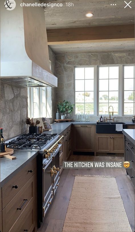 Exposed Stone Kitchen, European Stone Kitchen, Stone In Kitchen Wall, Raw Stone Backsplash Kitchen, Soapstone And Marble Kitchen, Stone Kitchen Aesthetic, Stone Wall In Kitchen, Kitchen Limestone Backsplash, Stone Kitchen Wall