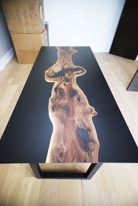 Matte Black Epoxy Desk with Walnut Slab - Anglewood Live Edge Custom Furniture, Toronto Epoxy Desk, Diy Resin Table, Resin And Wood Diy, Wood Resin Table, Epoxy Wood Table, Wood Table Design, Live Edge Furniture, Epoxy Resin Table, Resin Design