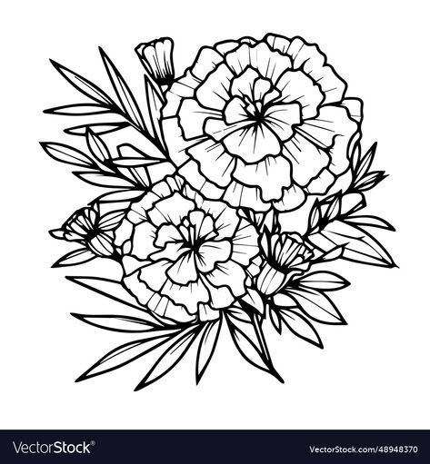 Marigold Flower Tattoo Black And White, Marigold Tattoo October, Marigold Flower Bouquet, Flower Bouquet Drawings, Marigold Vector, Marigold Drawing, Marigold Tattoo, Flower Tattoo Stencils, Tattoo Prints