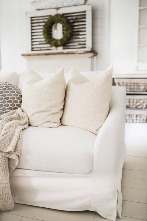 Farmhouse Couch, Farmhouse Sofa, White Slipcovers, Liz Marie, Liz Marie Blog, Living Room Update, Simple Budget, Room Update, Ikea Furniture