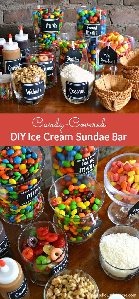 This Candy-Covered DIY Ice Cream Sundae Bar is an easy way to create summer time fun! | Hello Little Home #ShareFunshine #PartyIdea Ice Cream Sundae Bar, Hot Dog Toppings, Sundae Bar, Diy Ice Cream, Ice Cream Social, Ice Cream Birthday, Party Bars, Snacks Für Party, Icecream Bar