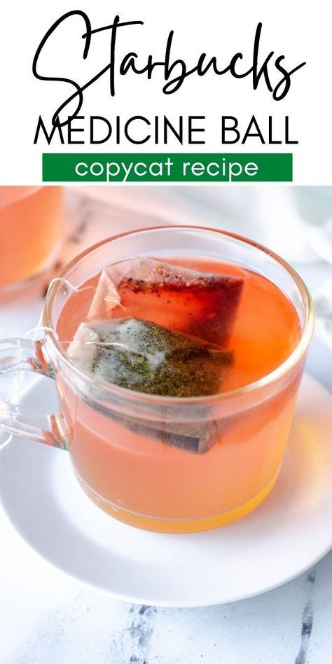 This copycat Starbucks Medicine Ball Tea only has four ingredients and is perfect to make at home in the cold months. You just need lemonade, honey, mint tea, and peach tea to warm your bones! | www.persnicketyplates.com Starbucks Tea Recipes, Starbucks Medicine Ball Tea, Starbucks Medicine Ball Recipe, Medicine Ball Tea, Starbucks Medicine Ball, Sugar Free Lemonade, Passion Tea Lemonade, Superfood Smoothies, Starbucks Tea