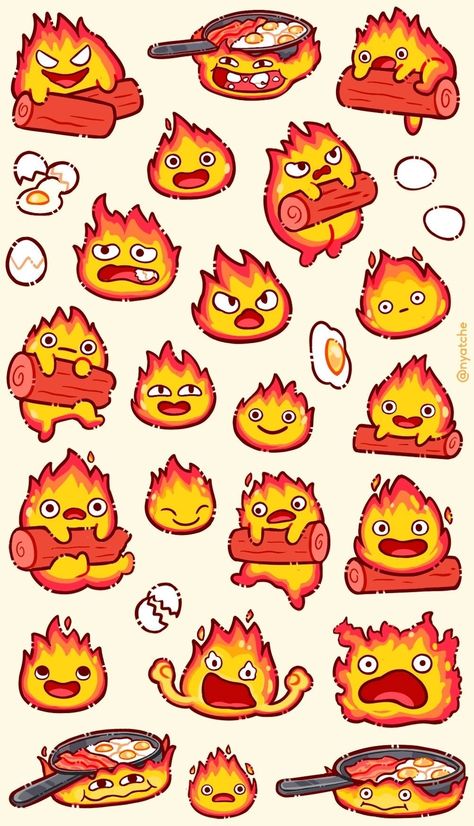 Cute Totoro Stickers, Studio Ghibli Cute Drawings, Calcifer Doodle, Calsifer Howl Tattoo, Calcifer Dessin, Calciferol Tattoo, Cute Studio Ghibli Wallpaper, Ghibli Art Draw, Ghibli Studio Wallpaper