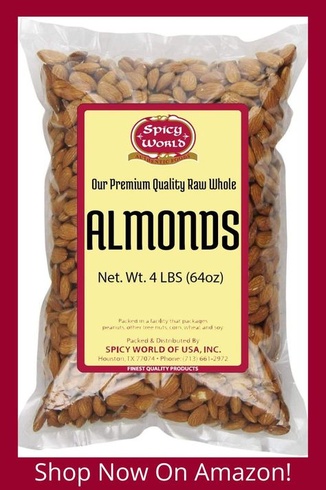 Spicy World Premium Quality Raw 100% Natural (Not Roasted) Almonds are produced and packaged right here in the USA. This 4 pound package offers an incredible value. Please note these are raw and natural almonds, not roasted or salted. They are unsalted. #almonds #almondnuts #nuts #almondrecipes #recipeswithalmonds #herbs #naturalherbs #nutrition #healthyspices #healthyfood #spicysnacks #spicydesserts #spicyworld Spicy Desserts, Health Benefits Of Almonds, Almond Benefits, Fresh Spices, Spicy Snacks, Raw Almonds, Roasted Almonds, Reduce Food Waste, Calorie Intake