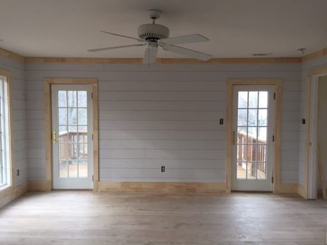 Love the wood trim with white shiplap. Farmhouse Walls And Trim, Wood Paneling Walls, Shiplap Room, Paneling Walls, House Finishes, Stained Trim, Pine Trim, Lauren Liess, Baseboard Trim