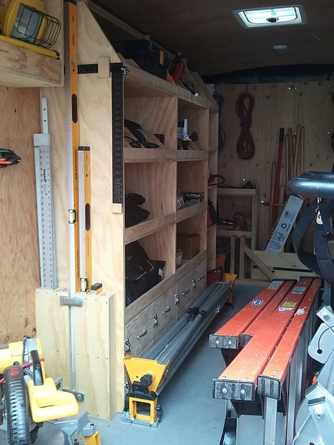 Job site trailers, show off your set ups! | Page 18 | Contractor Talk - Professional Construction and Remodeling Forum Trailer Shelving, Van Shelving, Wooden Workshops, Job Pictures, Trailer Organization, Work Trailer, Van Racking, Mobile Workshop, Trailer Storage